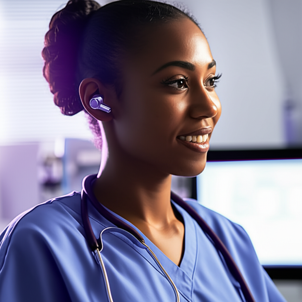 護理師使用藍芽耳機進行語音記錄